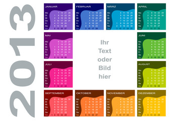 Farbiger Jahreskalender (deutsch, Woche beginnt mit Montag)