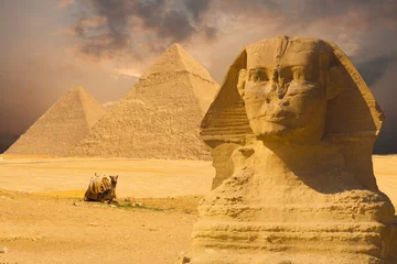 Cercles muraux Egypte Grand Sphinx Face Pyramides Fond Coucher Soleil