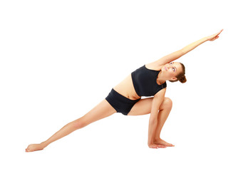 smiling woman doing stretching excersises