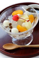 mitsumame with fruits, japanese summer dessert of agar jelly