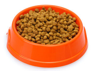 Cat food in bowl isolated on white
