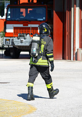 fireman with oxygen tank during an exercise in the barracks