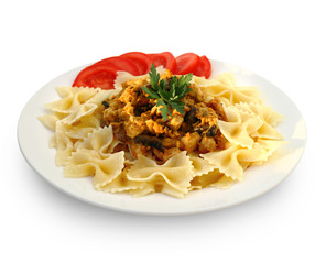 Farfalle with chicken fillet and mushrooms stew