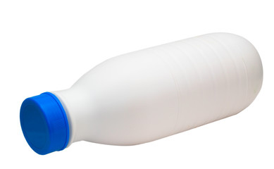 bread baplastic milk bottle lies side isolated on white (clippin