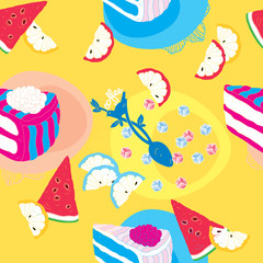 Cakes Seamless Pattern With Spoon Lemons and Watermelon