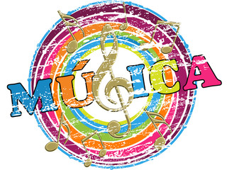 Carimbo com a palavra "m&uacute;sica" e notas musicais