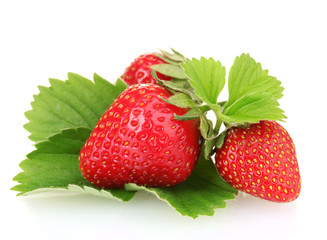 sweet ripe strawberries with leaves isolated on white