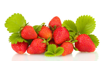 sweet ripe strawberries with leaves isolated on white