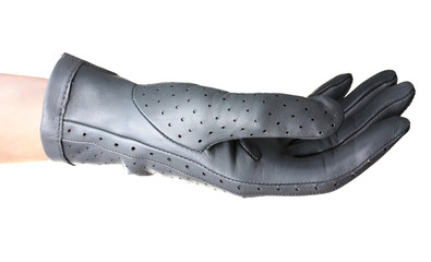 women hand in gray leather glove isolated on white