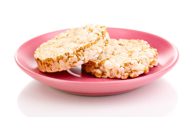 Bread snacks on saucer isolated on white