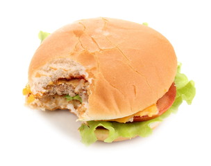 Bitten cheeseburger isolated on white