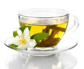 cup of green tea with jasmine flowers isolated on white
