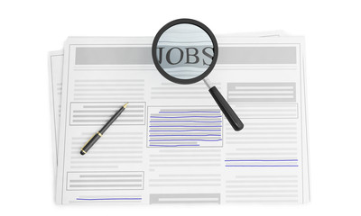 3d illustration of job search, newspaper, pen, magnifying glass