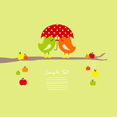 2 Birds Kissing Under Umbrella Tree Apples Green