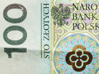 Extreme closeup of 100 zloty note. Polish currency