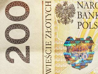 Extreme closeup of 200 zloty note. Polish currency.