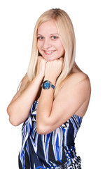 Cheerful blond girl in a dress