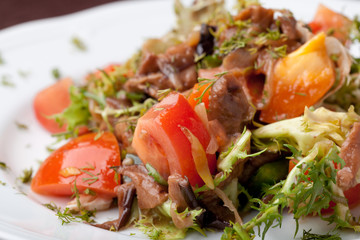 Tofu marinated in soy sauce with tomato and salad