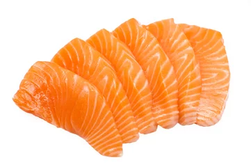 Keuken spatwand met foto Sliced raw fatty salmon isolated on white © smokedsalmon