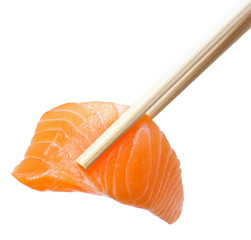 Chopsticks with sliced raw salmon