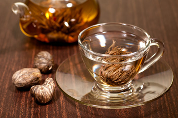 Blooming tea in a glass cup