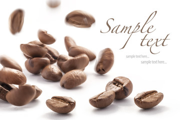 Jumping coffee beans, on white background (with sample text)