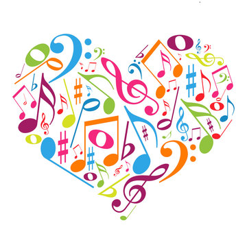 Coração colorido com notas musicais - gosto pela música