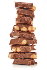 Stack of milk chocolate with nuts.