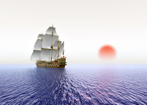 Sailing Ship with red Sun
