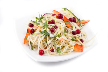 Plate with cabbage, cowberry, pepper, salinity. Russian traditio