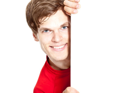 Mann mit leerer tafel z.B. zur Werbung f&uuml;r eine Er&ouml;ffnung