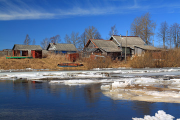 driving of ice on river to will to villages