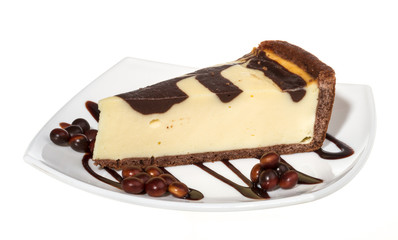 cheesecake with chocolate sauce.