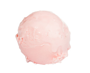 Scoop of strawberry ice cream from top on white background