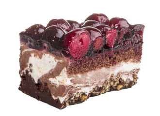 Chocolate cake with cherry on top on a white background