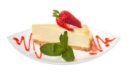 a piece of strawberry cheesecake on whit