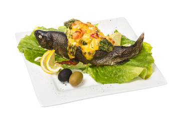 trout fish baked with shrimps and cauliflower