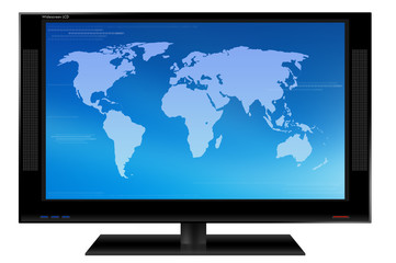Lcd tv with blue world map. illustration.