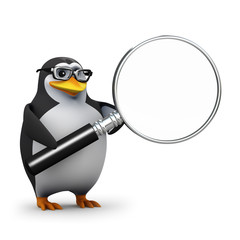 3d Penguin in glasses holds a magnifying glass