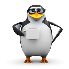 3d Penguin in glasses drinks coffee
