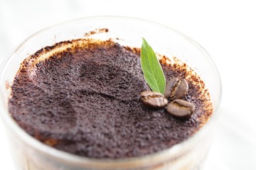 tiramisu decorated with coffee beans