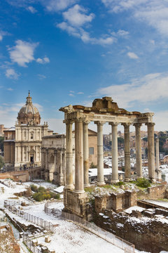 Temple of Saturn and others monument of the Roman Forum, Italy.