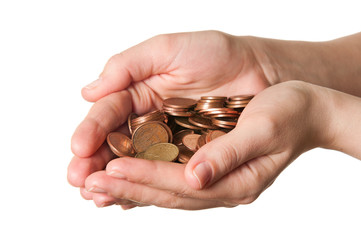 Euro coins in hands over a white background