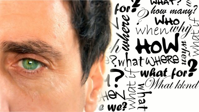 Business man brainstorm thinking questions animation