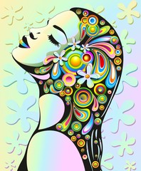 Sinnliches Mädchen Pop Art-psychedelisches Blumenporträt des Mädchens