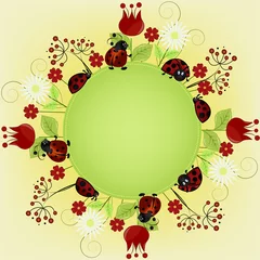 Foto op Plexiglas Lieveheersbeestjes Kaartvoorbeeld met lieveheersbeestjes en bloemen