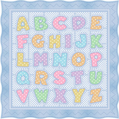 Alphabet Baby Quilt, pastel polka dots gingham blue satin border