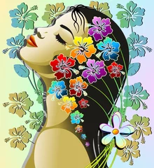 Papier Peint photo Femme fleurs Sensual Exotic Woman-Sensual Exotic Hibiscus Girl-Vector