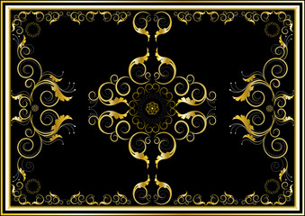 Oriental gold ornaments for rug in dark background.