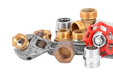 Plumbing pipe and wrench, isolated on white background